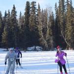 Carly Reimer, Morgan Aldridge and Charly Morton ski at the front of the Ski For Women on Sunday, Feb. 4, 2018, at Tsalteshi Trails. Aldridge won, while Morton was second and Reimer was third. (Photo by Jeff Helminiak/Peninsula Clarion)