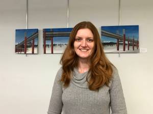 TOP: Leslie Byrd stands by her piece &lsquo;Piping Hot.&rsquo; on Tuesday, Feb. 6. The triptych piece is just one of Byrd&rsquo;s many pieces on display at the Joyce K. Carver Memorial Library in Soldotna through April. (Photo by Kat Sorensen/Peninsula Clarion) ABOVE: &lsquo;Slinky,&rsquo; seen here, is a piece Leslie Byrd painted in acrylics. (Photo courtesy of Leslie Byrd)