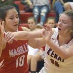 Kenai Central&rsquo;s Kailey Hamilton passes past Wasilla&rsquo;s Carissa Vasquez on Wednesday, Feb. 14, 2018, on Cliff Massie Court at Kenai Central High School. (Photo by Jeff Helminiak/Peninsula Clarion)