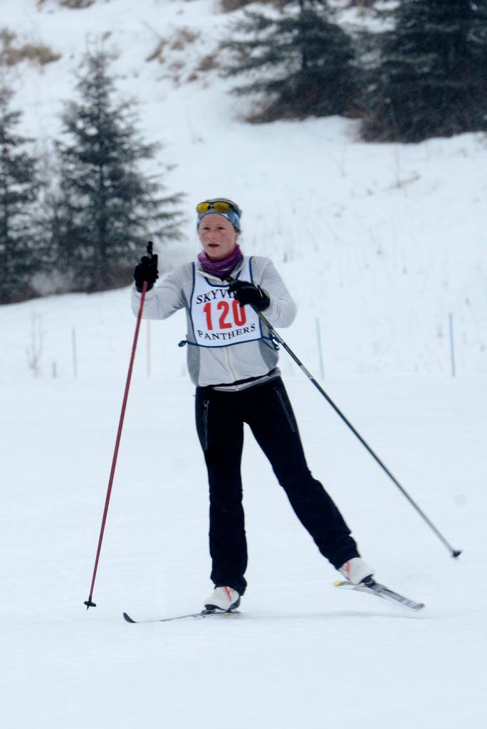 Coming off the final downhill, skier Morgan Aldridge approaches the finish line of the 40-kilometer Tour of Tsalteshi on Sunday near Soldotna.
