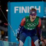 Jessica Diggins, of the United States, celebrates after winning the gold medal in the during women&rsquo;s team sprint freestyle cross-country skiing final at the 2018 Winter Olympics in Pyeongchang, South Korea, Wednesday, Feb. 21, 2018. (AP Photo/Matthias Schrader)