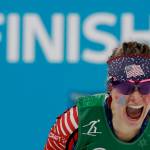 Jessica Diggins, of the United States, celebrates after winning the gold medal in the during women&rsquo;s team sprint freestyle cross-country skiing final at the 2018 Winter Olympics in Pyeongchang, South Korea, Wednesday, Feb. 21, 2018. (AP Photo/Matthias Schrader)