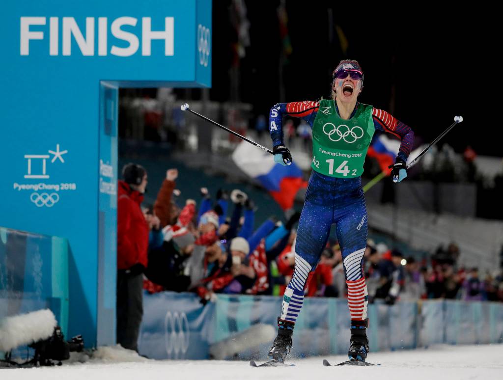 Jessica Diggins, of the United States, celebrates after winning the gold medal in the during women&rsquo;s team sprint freestyle cross-country skiing final at the 2018 Winter Olympics in Pyeongchang, South Korea, Wednesday, Feb. 21, 2018. (AP Photo/Matthias Schrader)