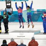 Gold medal winners Kikkan Randall, of the United States, and Jessica Diggins is flanked by silver medal winners Stina Nilsson, of Sweden, and Charlotte Kalla, left, and bronze medal winners Marit Bjoergen, of Norway, and Maiken Caspersen Falla during the venue ceremony after women&rsquo;s team sprint freestyle cross-country skiing final at the 2018 Winter Olympics in Pyeongchang, South Korea, Wednesday, Feb. 21, 2018. (AP Photo/Dmitri Lovetsky)