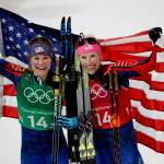 United States&rsquo; Jessica Diggins, left, and Kikkan Randall celebrate after winning the gold medal in the women&rsquo;s team sprint freestyle cross-country skiing final at the 2018 Winter Olympics in Pyeongchang, South Korea, Wednesday, Feb. 21, 2018. (AP Photo/Kirsty Wigglesworth)