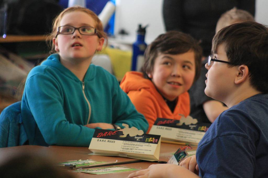 Soldotna Elementary School students participate in a D.A.R.E. lesson on Wednesday, Feb. 28. (Photo by Erin Thompson/Peninsula Clarion)