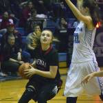 Kenai&rsquo;s Liz Hanson dribbles for a shot against Soldotna&rsquo;s Danica Schmidt (right) Saturday night at Soldotna High School. (Photo by Joey Klecka/Peninsula Clarion)