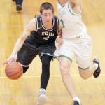 Soldotna&rsquo;s Jersey Truesdell and Colony&rsquo;s Sullivan Menard race down the floor during Colony&rsquo;s 55-32 win over the Stars in the Northern Lights Conferene boys semifinals Friday, March 9, 2018, at Wasilla High School. (Photo by Jeremiah Bartz/Frontiersman.com)