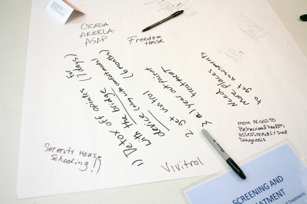 Suggestions for local solutions to the opioid crisis are shown at the Your Voice, Your Community forum on Thursday, March 8, 2018 at the Kenai Visitors and Cultural Center in Kenai, Alaska. (Photo by Erin Thompson/Peninsula Clarion)