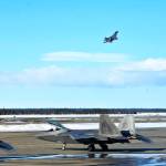 A U.S. Air Force F-22 &ldquo;Raptor&rdquo; fighter jet takes off from the Kenai Municipal Airport on Monday, March 19, 2018 in Kenai. Weather conditions stopped the fighters from landing at Joint Base Elmendorf-Richardson in Anchorage, their home field. Four of the F-22s belong to the 90th Fighter Squadron and four to the 525th Fighter Squadron, which were on separate training flights before landing in Kenai, said Major Stephen Montgomery, a pilot with the 90th. The fighters took off for Anchorage Monday afternoon. (Photo by Ben Boettger/Peninsula Clarion)
