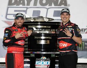 Seth Chavka (right) and Austin Dillon pose with the Harley J. Earl trophy after winning the Daytona 500 at Daytona International Speedway, Feb. 18, 2018, in Daytona Beach, Fl. (Photo provided by Richard Childress Racing/HHP/Harold Hinson)
