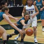 Nikiski&rsquo;s Kelsey Clark dives for a loose ball Thursday evening in a quarterfinal contest against Barrow at the Class 3A state tournament at the Alaska Airlines Center. (Photo by Joey Klecka/Peninsula Clarion)