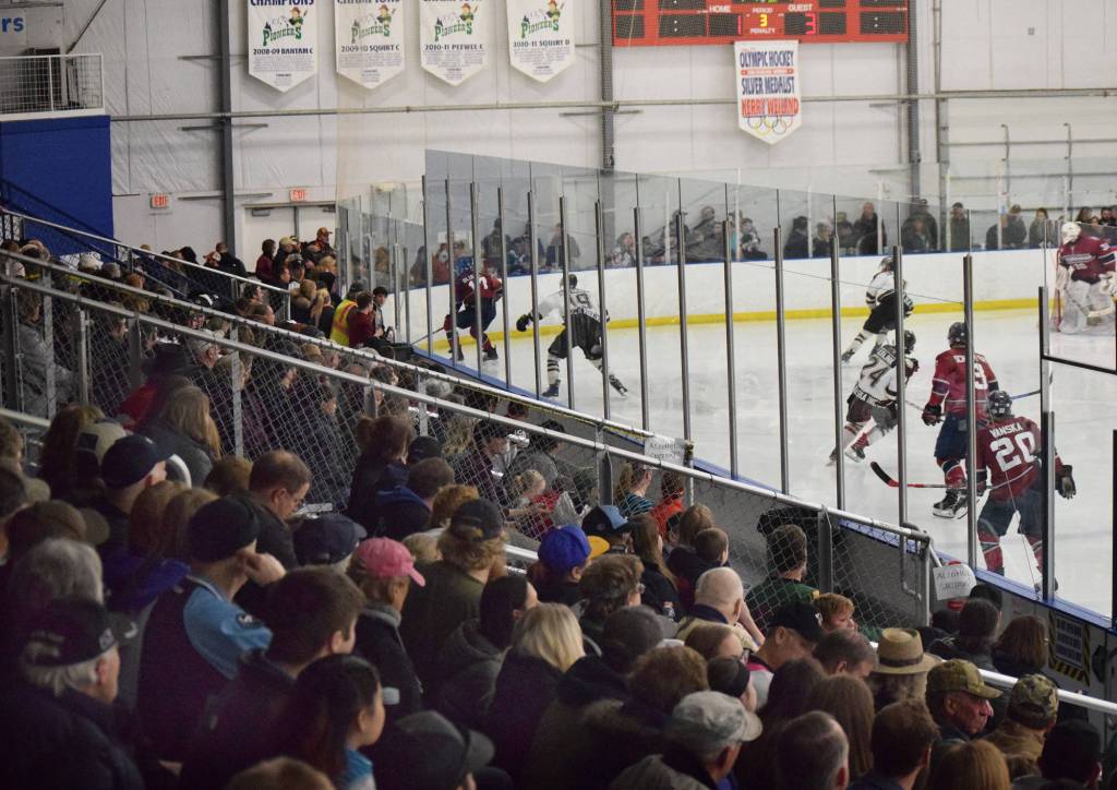 A capacity crowd enjoys a North American Hockey League contest Friday night between the Kenai River Brown Bears and the Fairbanks Ice Dogs at the MTA Events Center in Palmer. (Photo by Joey Klecka/Peninsula Clarion)