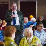 In this March 5, 2013, file photo, former Sen. Clem Tillion speaks during the Alaska Legislative Centennial at Rockwell&rsquo;s restaurant in Juneau. Tillion, a former state legislator, has supported the existing law for calculating the annual check that Alaska residents receive from the state&rsquo;s oil-wealth fund and was part of an effort that unsuccessfully challenged Gov. Bill Walker&rsquo;s 2016 halving of the checks. (Michael Penn/The Juneau Empire via AP, File)