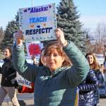 Marchers participate in the Alaskans Choose Respect Awareness Event, hosted by the LeeShore Center, on Wednesday, March 28 in Kenai. The march aimed to draw attention to the issue of sexual assault and domestic violence. (Photo by Erin Thompson/Peninsula Clarion)