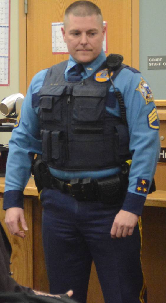 Sgt. Daniel Cox attends Kenai Peninsula Youth Court swearing-in ceremonies in December 2016 at the Homer Courthouse. (Photo by Michael Armstrong, Homer News)