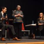 Attorney Jon Choate, left, representing the Alaska Democratic Party, and state attorney Laura Fox, discuss the ins and outs of the case after the oral arguments on Thursday as part of the Supreme Court Live event moderated by Marilyn May, center, at Kenai Central High School. (Photo by Kat Sorensen/Peninsula Clarion)