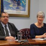 Alaska Senate Finance Committee co-chair Anna MacKinnon, right, answers a question during the Senate majority&rsquo;s weekly news conference on Monday, April 9, 2018, in Juneau, Alaska. Topics covered during the event included caucus priorities as the scheduled end of the legislative session nears. Also pictured is MacKinnon&rsquo;s finance co-chair, Sen. Lyman Hoffman. (AP Photo/Becky Bohrer)