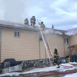 Central Emergency Services firefighters work to extinguish a blaze in an apartment building on Cork Line Drive in the Kalifornsky Beach area on Monday, April 9, 2018 near Kenai, Alaska. No one was reportedly hurt in the blaze, and the cause of the fire is still under investigation. (Photo courtesy Roy Browning/Central Emergency Services)