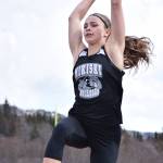 Nikiski freshman Kaitlyn Johnson makes a long jump attempt April 29, 2017, at the Homer Invite at Homer High School. (Photo by Joey Klecka/Peninsula Clarion)