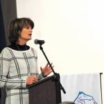 Sen. Lisa Murkowski, R-Alaska (right) speaks at a luncheon of the joint Kenai and Soldotna chambers of commerce on Friday, Feb. 2, 2018 in Kenai, Alaska. Murkowski said there were reasons to be optimistic about Alaska&rsquo;s economic future, though there&rsquo;s still work to be done in Washington, D.C., such as a budget solution before the current continuing resolution expires on Feb. 8. (Photo by Elizabeth Earl/Peninsula Clarion)