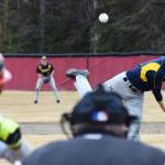 Homer&rsquo;s Joe Ravin offers up a pitch to a Kenai Central batter May 2, 2017, at the Kenai Little League Fields. (Photo by Joey Klecka/Peninsula Clarion)