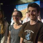 Soldotna Prep freshman Erika Arthur, from left, Nikiski High School junior Carlee Rizzo and Soldotna Prep freshman Ryder Giesler made the top three out of nearly 400 proposals in this year&rsquo;s Caring for the Kenai competition. Rizzo won first prize, Arthur took second and Giesler won third. (Photo by Kat Sorensen/Peninsula Clarion)