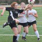 Nikiski&rsquo;s Angela Druesdow clears the ball out of danger against Kenai Central on Monday, April 23, 2018, at Kenai Central High School. (Photo by Jeff Helminiak/Peninsula Clarion)
