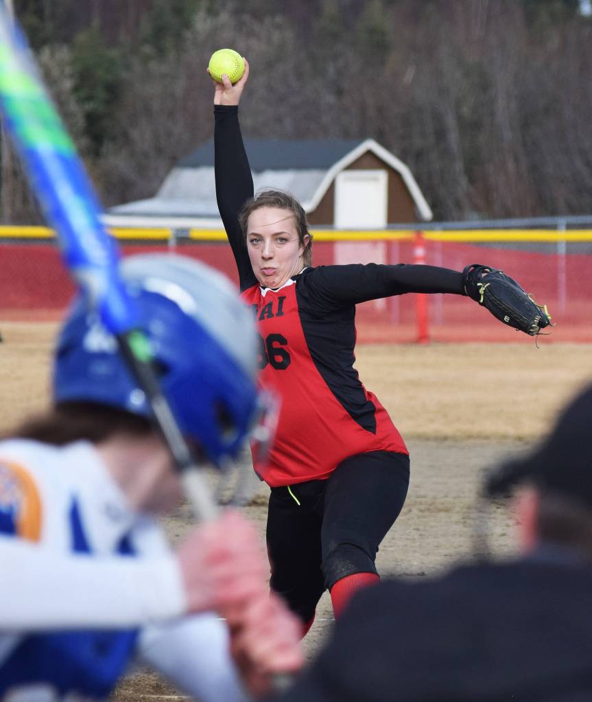 Kenai Central&rsquo;s Savannah Jones offers up a pitch to a Kodiak batter Thursday evening at Steve Shearer Memorial Ball Park in Kenai. (Photo by Joey Klecka/Peninsula Clarion)