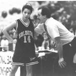 Former Soldotna High School girls basketball coach Dan Gensel gives words of encouragement to Melissa Smith in the 1993 Class 3A state championship game. (Photo provided by Dan Gensel)