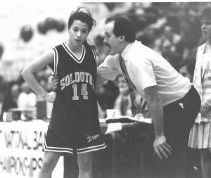 Former Soldotna High School girls basketball coach Dan Gensel gives words of encouragement to Melissa Smith in the 1993 Class 3A state championship game. (Photo provided by Dan Gensel)
