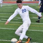 Soldotna&rsquo;s Josh Hieber directs the ball towards the Homer goal Thursday afternoon in a Peninsula Conference contest at Soldotna High School. (Photo by Joey Klecka/Peninsula Clarion)