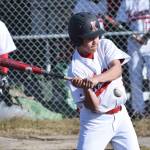 Kenai&rsquo;s Lance Kramer checks his swing on a Kodiak pitch Friday at the Kenai Little League Fields. (Photo by Joey Klecka/Peninsula Clarion)