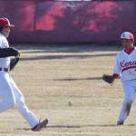 Kenai Central outfielders Manny Noriega and Harold Ochea (7) converge on a bloop single from a Kodiak batter Friday at the Kenai Little League Fields. (Photo by Joey Klecka/Peninsula Clarion)