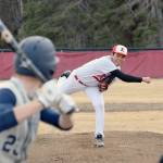 Kenai Central starter Carlos Caballero delivers to Soldotna&rsquo;s Jeremy Kupferschmid on Tuesday, May 7, 2018, at the Kenai Little League fields. (Photo by Jeff Helminiak/Peninsula Clarion)