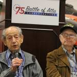In this May 19, 2018, photo World War II veterans Allan Seroll, left, of Massachusetts, and William Roy Dover, right, of Alabama, right, attend a 75th anniversary celebration of the Battle of Attu in Anchorage, Alaska. Dover was an American soldier who took part in the May 1943 effort to reclaim Alaska&rsquo;s Attu Island from the Japanese. It was the only World War II battle fought on North American soil. (AP Photo/Mark Thiessen)