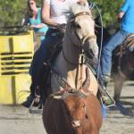 Johnna Drew yells after a fleeing cow in a cattle roping routine Friday during events at the PCRS Rodeo at the Soldotna Rodeo Grounds. (Photo by Joey Klecka/Peninsula Clarion)