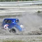 Legends driver Brent Roumagoux spins into the dirt Saturday night at Twin City Raceway in Kenai. (Photo by Joey Klecka/Peninsula Clarion)