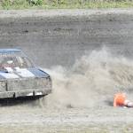 Jackson Kahn spins out during an A-Stock heat race Saturday night at Twin City Raceway in Kenai. (Photo by Joey Klecka/Peninsula Clarion)