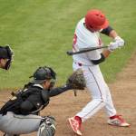 Oilers&rsquo; Grant Wood battles off a high pitch against the Anchorage Bucs on Monday, June 11, 2018, at Coral Seymour Memorial Park in Kenai. (Photo by Jeff Helminiak/Peninsula Clarion)