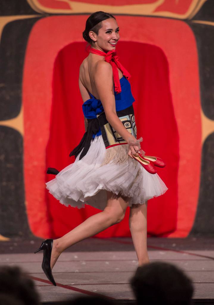 A model displays designer Jaad Kuujus&rsquo; (Meghann O&rsquo;Brien) work at the Native Fashion Show at Centennial Hall on Friday, June 8, 2018. (Michael Penn | Juneau Empire)