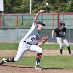 Kenai Twins starter Adam Brinster (left) unleashes a pitch Wednesday afternoon to a Chugiak batter at Coral Seymour Memorial Ballpark. (Photo by Joey Klecka/Peninsula Clarion)
