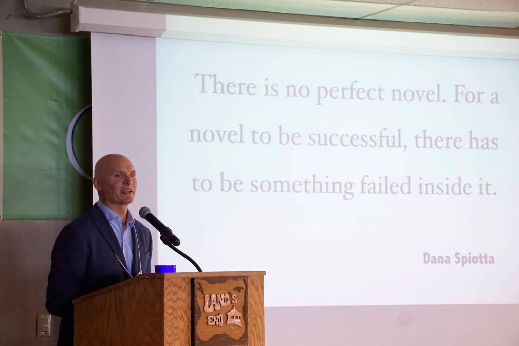 Photo by Michael Armstrong/Homer News Kachemak Bay Writers&rsquo; Conference keynote speaker Anthony Doerr delivers the opening address at the start of the annual conference last Friday, June 5, at Land&rsquo;s End Resort.