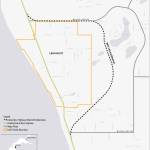 The yellow line on this map shows the existing Kenai Spur Highway between approximately mile 19 and 22, while the striped line shows the Alaska Gasline Development Corporation&rsquo;s chosen route for moving the highway around its planned natural gas liquifaction facility and export terminal in Nikiski. After considering approximately 26 possible routes since 2015, AGDC announced its choice at a Wednesday public meeting in Nikiski. (Map courtesy of Alaska Gasline Development Corporation).