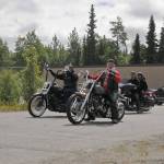 Motorcyclists line up as part of a procession to Travis Stubblefield&rsquo;s memorial service at the driveway of the Harley-Davidson Motorcycles store on Saturday, June 30, 2018 in Soldotna, Alaska. Stubblefield, a lifelong resident of the Soldotna area, was killed June 21 in a conflict in Kasilof. Alaska State Troopers are investigating the circumstances of his death, though no charges have yet been filed. (Photo by Elizabeth Earl/Peninsula Clarion)