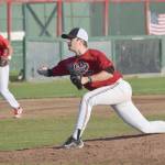 Oilers reliever Matt Amrhein drops down to deliever sidearm against the Mat-Su Miners on Friday, July 6, 2018, at Coral Seymour Memorial Park in Kenai. (Photo by Jeff Helminiak/Peninsula Clarion)
