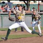Miners starter Ian Churchill delivers to the Peninsula Oilers en route to picking up the victory Friday, July 6, 2018, at Coral Seymour Memorial Park in Kenai. (Photo by Jeff Helminiak/Peninsula Clarion)