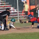 Oilers catcher Ryan Koch tags out Spencer Henson of the Miners in the third inning Friday, July 6, 2018, at Coral Seymour Memorial Park in Kenai. (Photo by Jeff Helminiak/Peninsula Clarion)