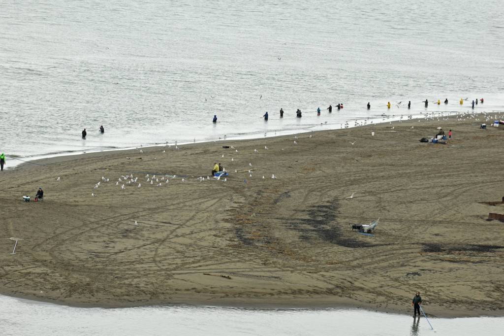 Dipnetters as seen from the Kenai bluffs on Tuesday, July 10, 2018, in Kenai, Alaska. (Photo by Erin Thompson/Peninsula Clarion)