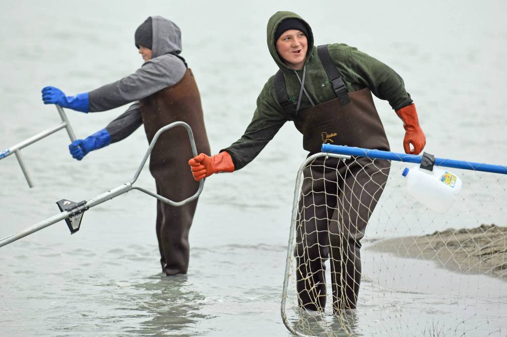 Dipnetters stand in the shallows where the Kenai River meets Cook Inlet on Tuesday, July 10, 2018 in Kenai, Alaska.